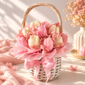aranjament floral gradina cu lalele bergamotă frunze verzi fân 540 gr